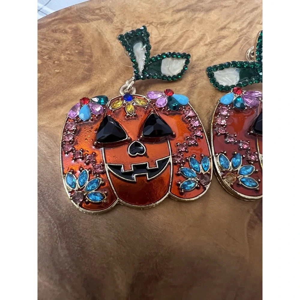 Halloween Rhinestone Pumpkin‎ Dangle Statement Earrings Jack O Lantern